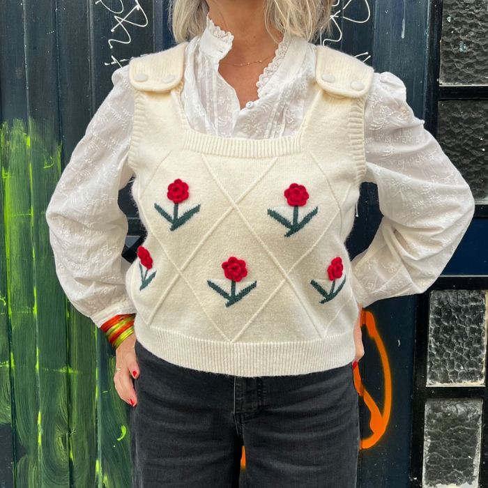 Top Maille Fleurs Rouges